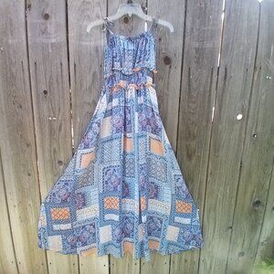 FOREVER 21 DRESS WOMENS SZ S BLUE PATCHWORK PAISLEY MAXI TIE SPAGUETTI STRAPS